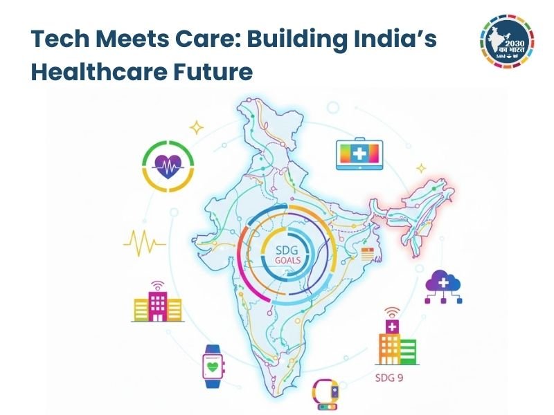 Illustration showing India’s map connected with digital health, telemedicine, AI healthcare technology, smart hospitals, and SDG health goals on a white background.